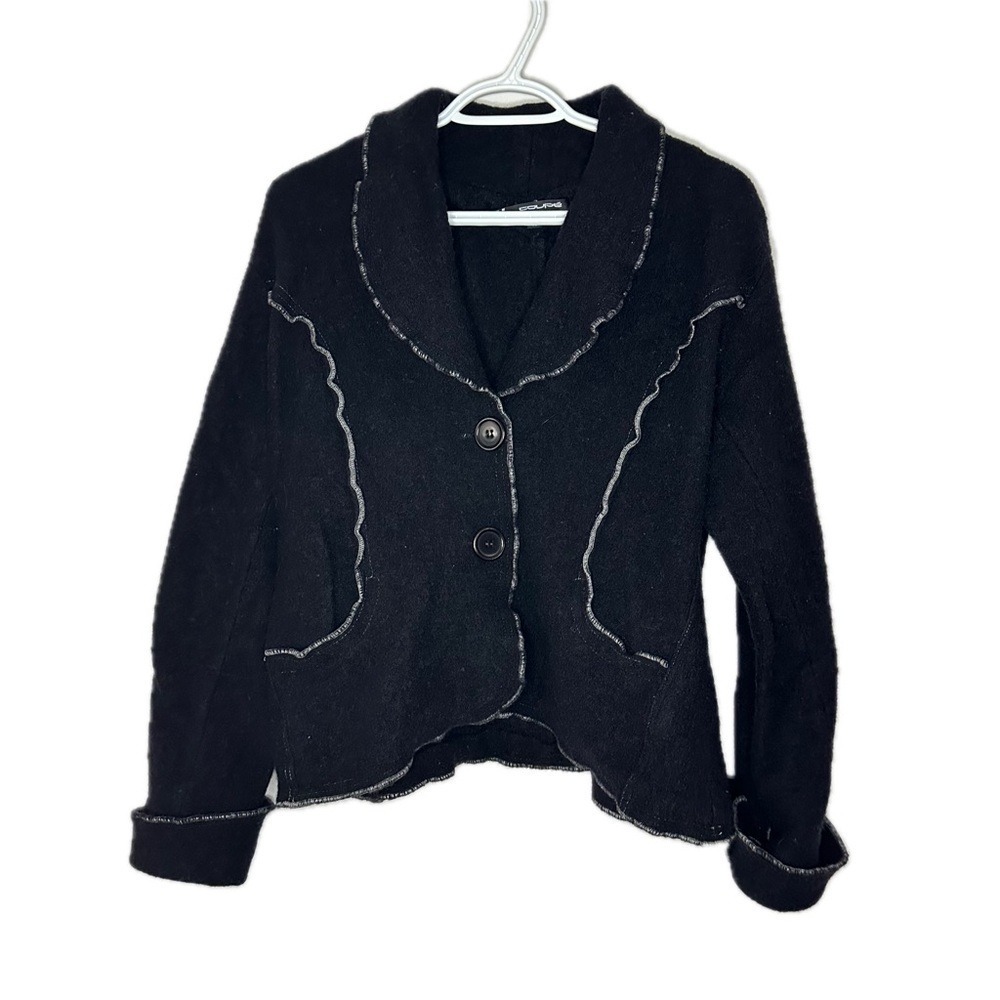 Black Wool Cropped Coat Contrast Edge Detail Scalloped Hem Folded Cuff XL Chic